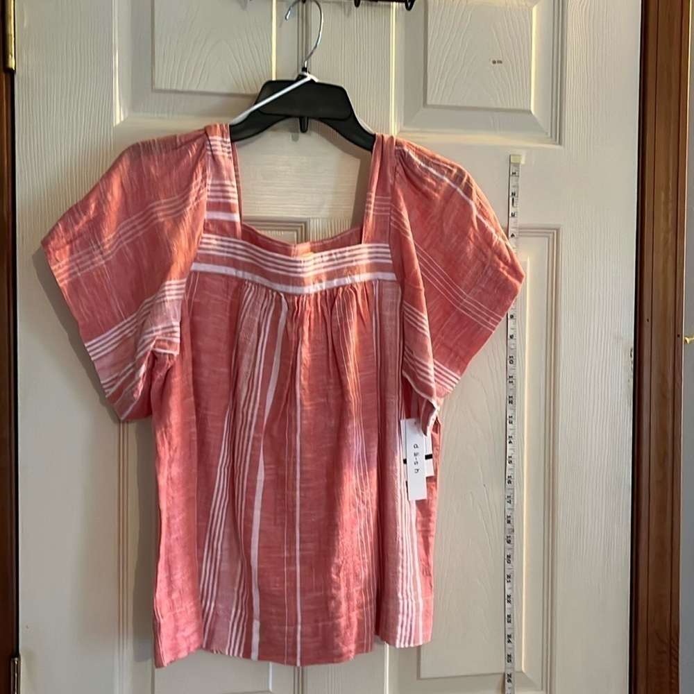 NWT-DA.SH-Small-coral with white stripes-Square neck woven striped top/blouse.